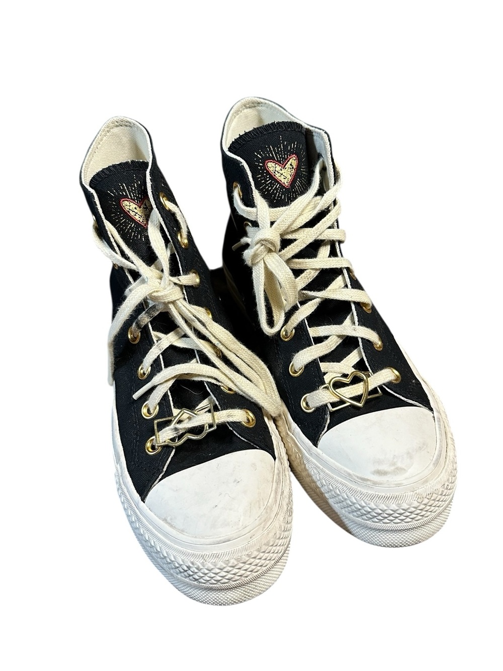 Converse Black High-Top Sneakers with Cream Laces and Pink Heart Detail - Picture 2 of 7